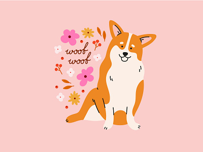 Woof Woof. Corgi. animals corgi dog flowers friend illustration lettering pet plant vector woof