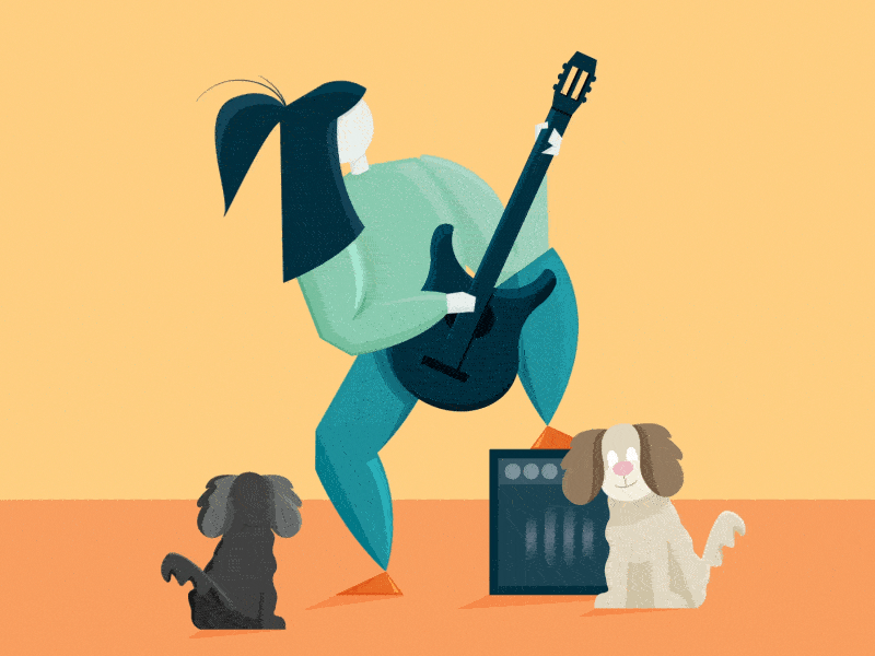 Amped Up 2d animation dogs guitarist vector