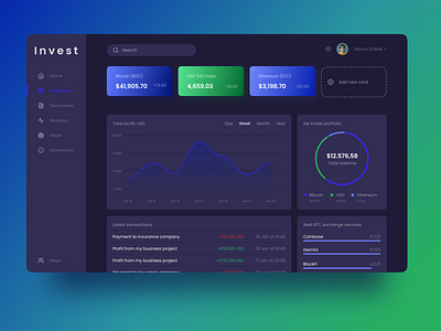 INVEST - Finance dark theme dashboard UI design