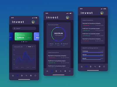 INVEST - Mobile App dark theme app application bitcoin crypto dashboard dashboard design design design app finance invest mobile mobile app ui ui design ui mobile uidesign uiux user experience ux