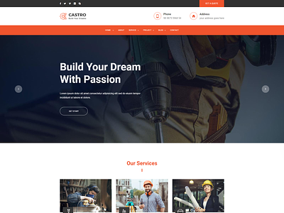 Castro React Construction Template architecture builder construction construction company contractor engineer home design html5 industry interior design plumber react react app react construction react frontend page react js responsive