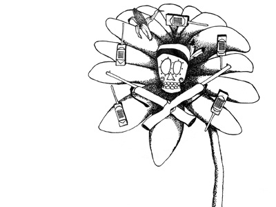 Skull-flower analog flower freehand illustration old school pen and paper phone skull