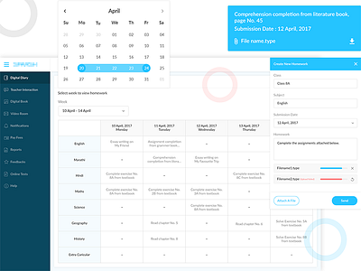 Homework Module For School App calendar dashboard homework module parent school students table teacher web app
