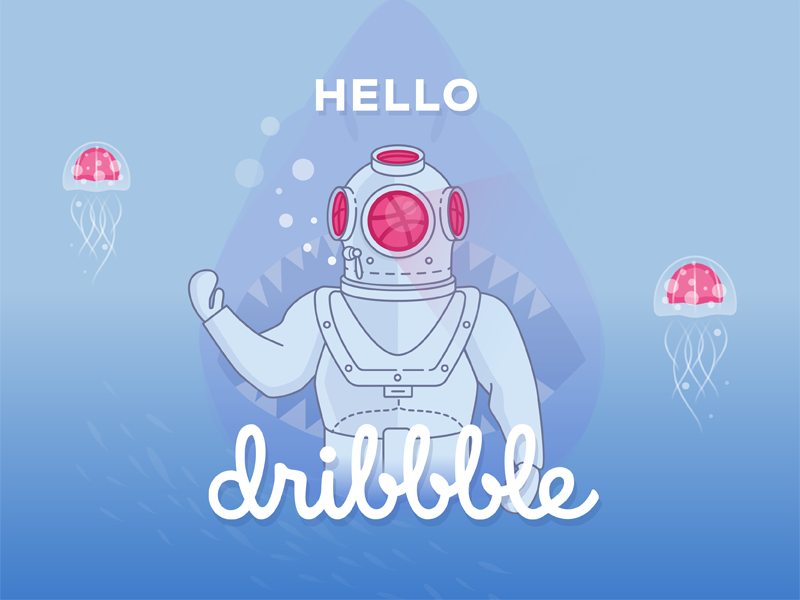 Hello Dribbble first shot jellyfish helmet diver shark diving illustration hello dribbble debut