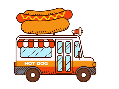 Hot dog van bun car cartoon fast food hot dog hotdog icon illustration ketchup menu mustard relish sausage side view transport truck van vector vehicle