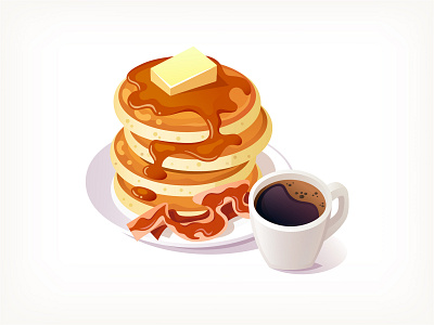 Pancakes with bacon and syrup bacon breakfast cafe coffee crispy diner espresso food illustration maple syrup pancakes vector