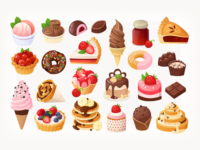 Chocolate and strawberry desserts cafe cake chocolate colourful cooking cupcake design dessert donut food ice cream illustration menu pancakes pastry pie snack stickers strawberry sweets