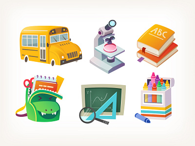 School icons autumn back to school backpack blackboard books crayons elementary icons illustrations microscope school school bus stickers