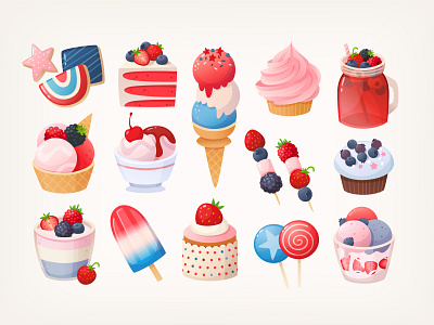 Set of blue red and white desserts for July 4th party 4th of july biscuit cake clip art cupcake dessert food ice cone ice cream illustration lemonade menu muffin party popsicle snack sticker strawberry sweet vector