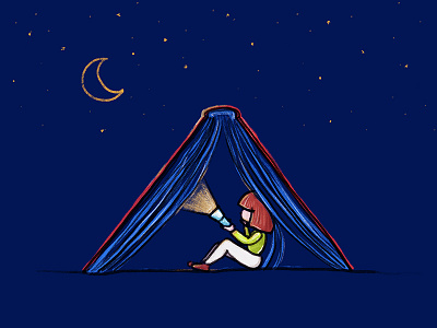 At Night book camp illustration light moon night pages tent