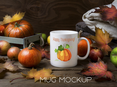 White coffee mug mockup with fall leaves, pumpkins cup design font illustration mock up mockup mug print typography vector