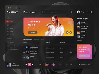 Musikuy - Music Dashboard album artist dark dashboard dashboard ui gradient minimal music music app music player playlist song spotify streaming ui uiux web website