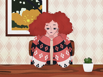 Thinking curly hair girl illustration painting pattern thinking
