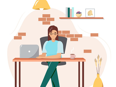 Young woman working from home and enjoying her coffee. coffee computer cozy desk glasses home illustration laptop office remote sitting time typing vector woman working