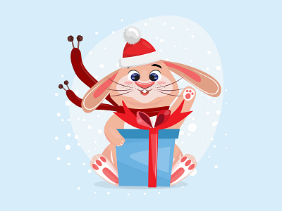 Cute bunny with a gift box. adorable animal bunny cartoon character children christmas cute gift box happy hat illustration santa claus scarf smile snow surprise vector wave winter