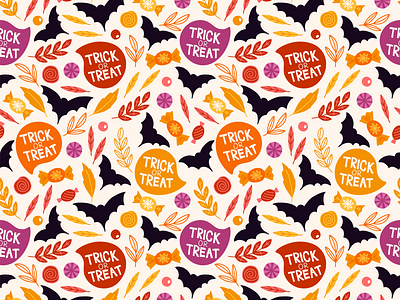 Trick or Treat Pattern autumn bat candy colorful decoration design fabric design foliage gift paper halloween holiday illustration leaves october party pattern pattern design seamless trick or treat wallpaper