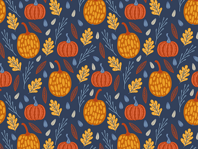 Pumpkins & Leaves autumn decoration design fall floral gift paper hand drawn harvest holiday leaves nature oak pattern design pumpkin seamless pattern seed thanksgiving day vector wallpaper wrapping paper
