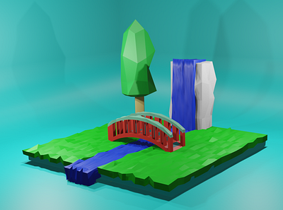 waterpoll 3d abstract bridge low poly trees waterfall