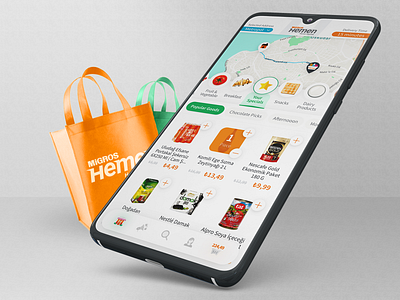 Hemen Homepage Closeup android app cards delivery ecommerce floating navigation grocery