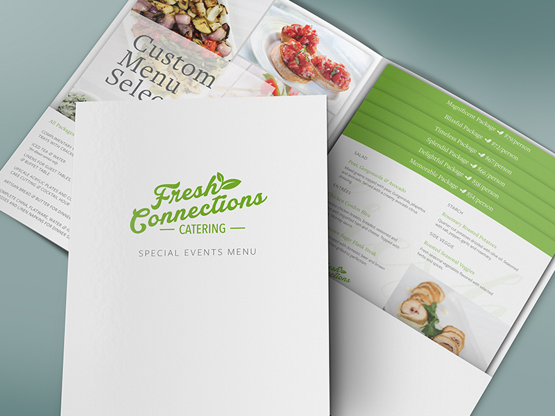 Fresh Connections Catering — Special Events Menu catering mockup layout design layout design brand branding folder print design marketing print menu