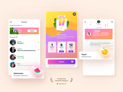 Fruitz — Main screens 3d app award branding chat dating design fruits glossy gradient illustration light ui vivid
