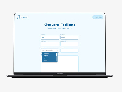 Mentell Website – Facilitator Sign Up charity clean design dropdown form menu minimal nonprofit simple ui user experience user interface ux web web design website