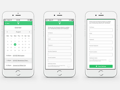 Techquest Calender And Settings Ui app design green mobile apps sketch app techquest ui design