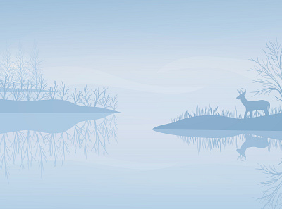 Lake trees and Deer silhouette design digital flat illustration nature silouhette vector