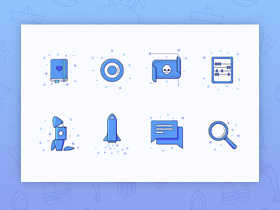 Story icon set — All blue diary glass goal icon icons map outline rocket space talk