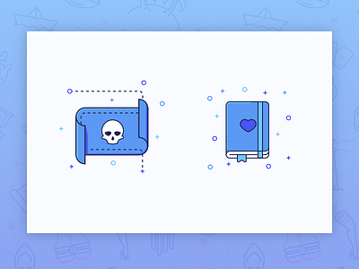 Story icon set — 2 blue book diary icon icons map outline road skull