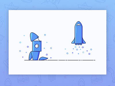 Story icon set — 1 blue broken icon icons outline rocket shuttle space