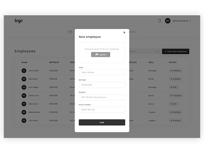 Wireframe #3 address assign bar dashboard employees notifications role search sort status user wireframe