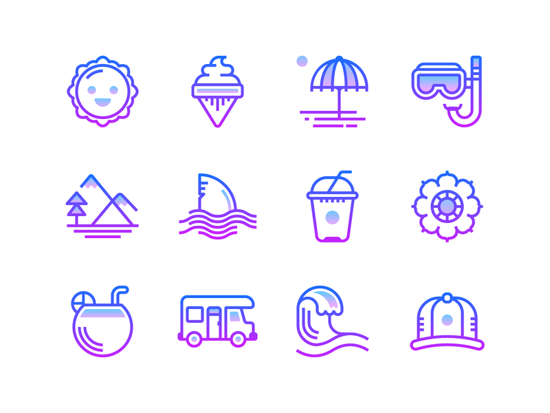 Gradient line: Summer web design iconography design ui design illustraion infographic sea outline icons icons set summertime icons tropical flower beach mountain ice cream sun holidays travel summer