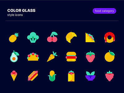 Color glass icons: Food category avocado berries burger cherry color glass donut fast food food fruits graphic design hot dog ice cream icons icons pack icons set illustration pineapple taco vegetables