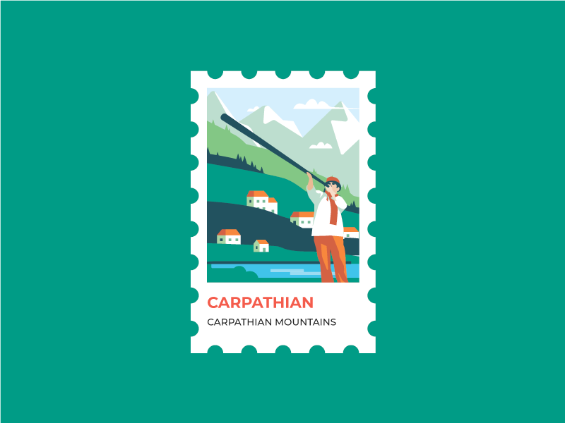 Stamp Ukrainian Carpathian bukovel lviv vector flat illustrations trembita nature landscape illustration stamp carpathian mountains ukraine mountains mountain carpathian
