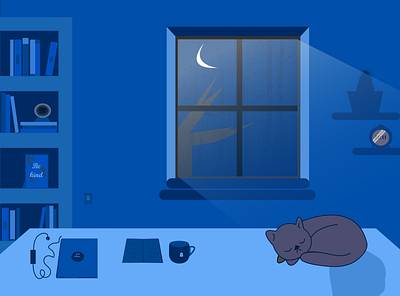 Cozy corner adobe aesthetic blue cat comfort cozy design graphic design illustration illustrator lo fi moonlight night room scene vector