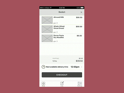 BASK: Wireframe Prototype for Checkout animation bask basket checkout prototype shopping shopping basket wireframe