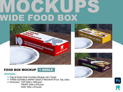 Wide Food Box Mockup with 1 Perspective Angle branding design food food box food packaging graphic design illustration logo logo design mockup mockups packaging vector