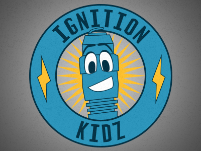 IgnitionKidz bolt cartoon church ignition kids lightning logo spark plug sunday school
