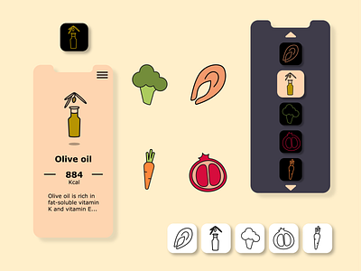 Outline food icons set app balanced bottle branding broccoli calories carrot diet eating food health icon lifestyle meal nutrition olive oil pomegranate salmon vector vitamins