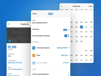 Expense application blue calendar concept concur debut expense interface ios minimal profile ui ux