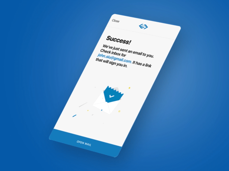 "Successful sign in" animation animation blue email flat illustration interaction minimal mobile motion sign in ui ux
