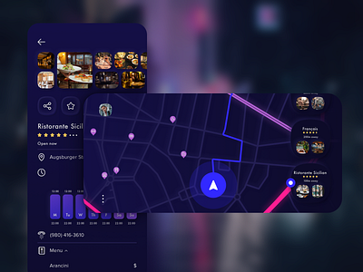 Throttle App app blur city design explore ios landscape map mobile mode night poi restaurant sketch street ui kit vector