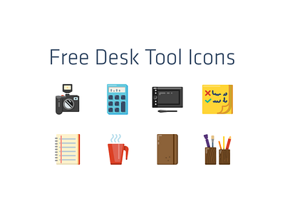 Flat Desk Tool Icons coffee desk dslr flat moleskine notebook post its tablet wacom