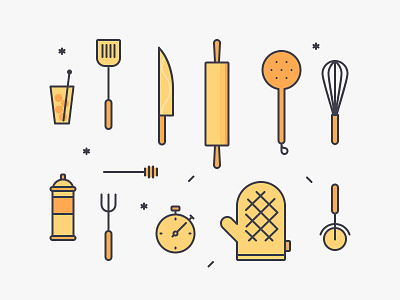 Kitchen Tools Illustration barbecue breakfast flat honey kitchen line mitten pizza timer tools utensils