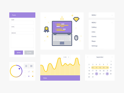 UI Kit & Illustration calendar color form graph illustration laptop line menu office stats text input ui kit