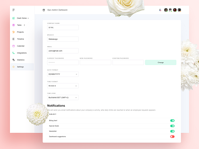 Settings for Admin Dashboard app concept date design flat flowers graphic menu notifications pagination pink settings sketch text fields ui ux vector web website white