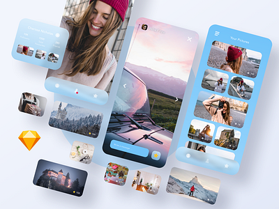 Outline UI Kit floating screens app blue branding concept design gallery girl gradient graphic identity ios iphone photography profile sketch social ui ux vector