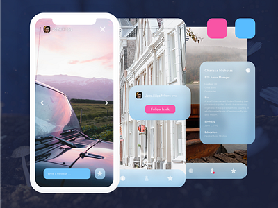 Outline Day frosted glass app blue brand branding color design gallery ios iphone x media photography profile sketch social ui ui kit user ux vector