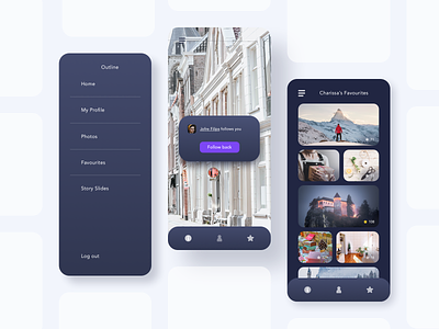 Outline app is floating on a gray background app black color dark gallery gradient media menu mode night profile rounded sketch social theme ui ui kit user ux vector